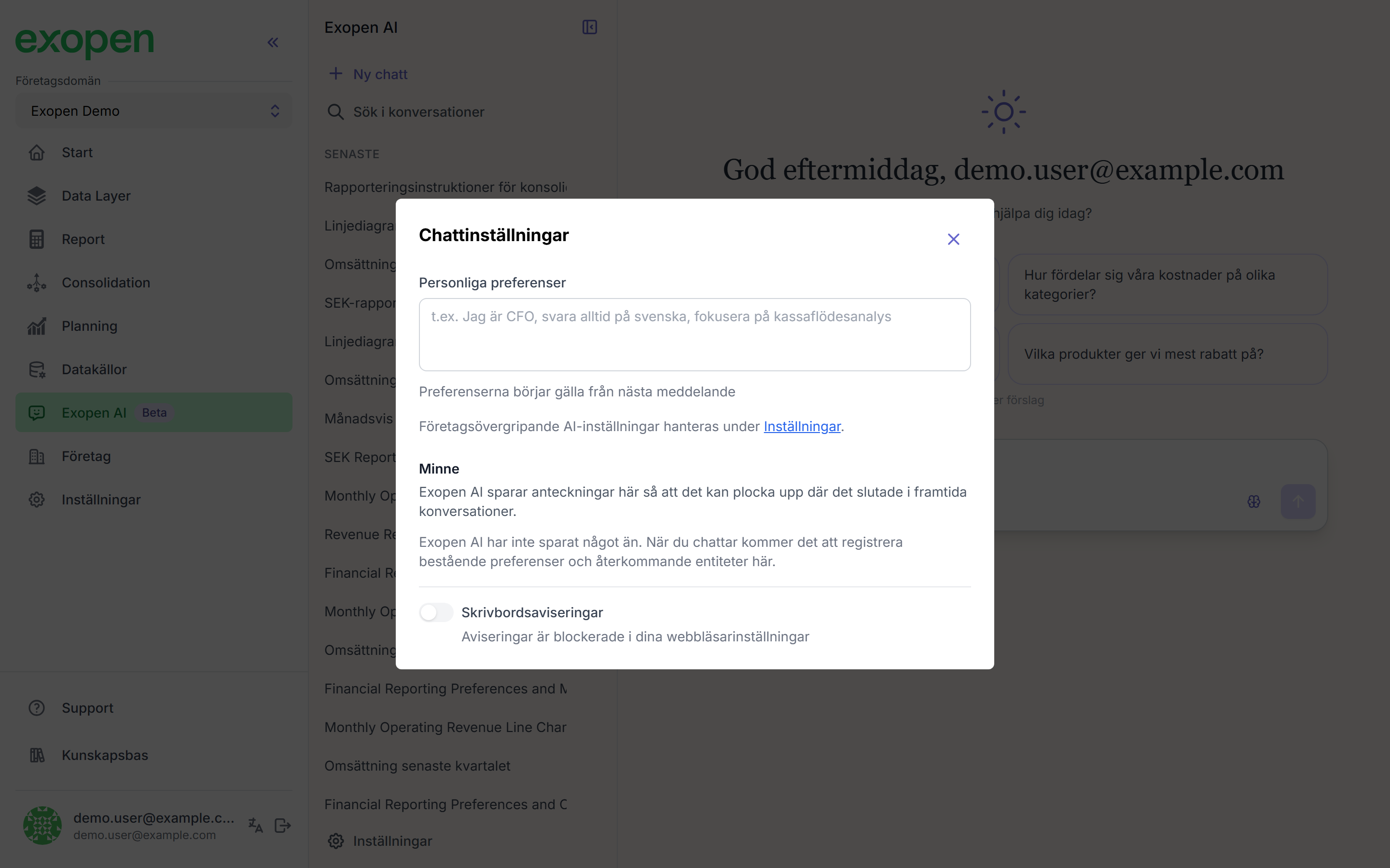 Inställningsdialogen med personliga preferenser, minne och notifikationer
