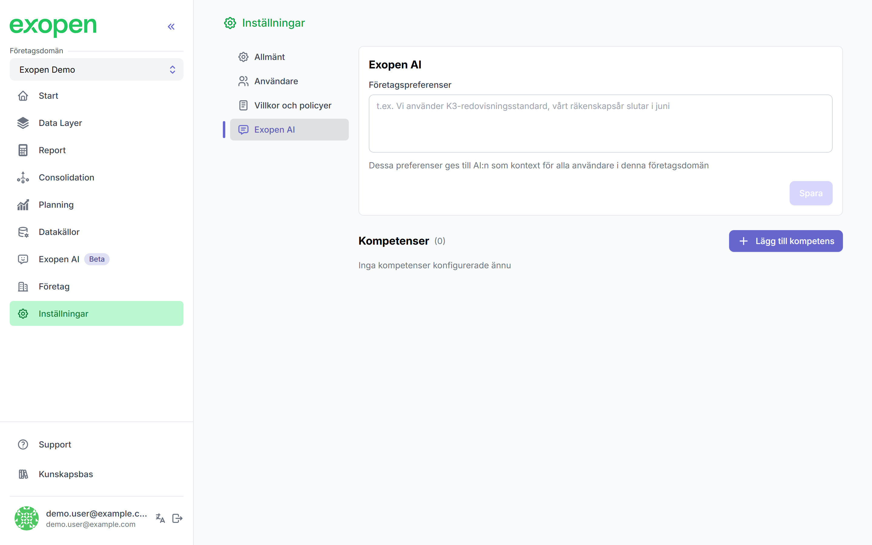 Företagsinställningar med Exopen AI-fliken vald, fält för företagspreferenser och färdigheter