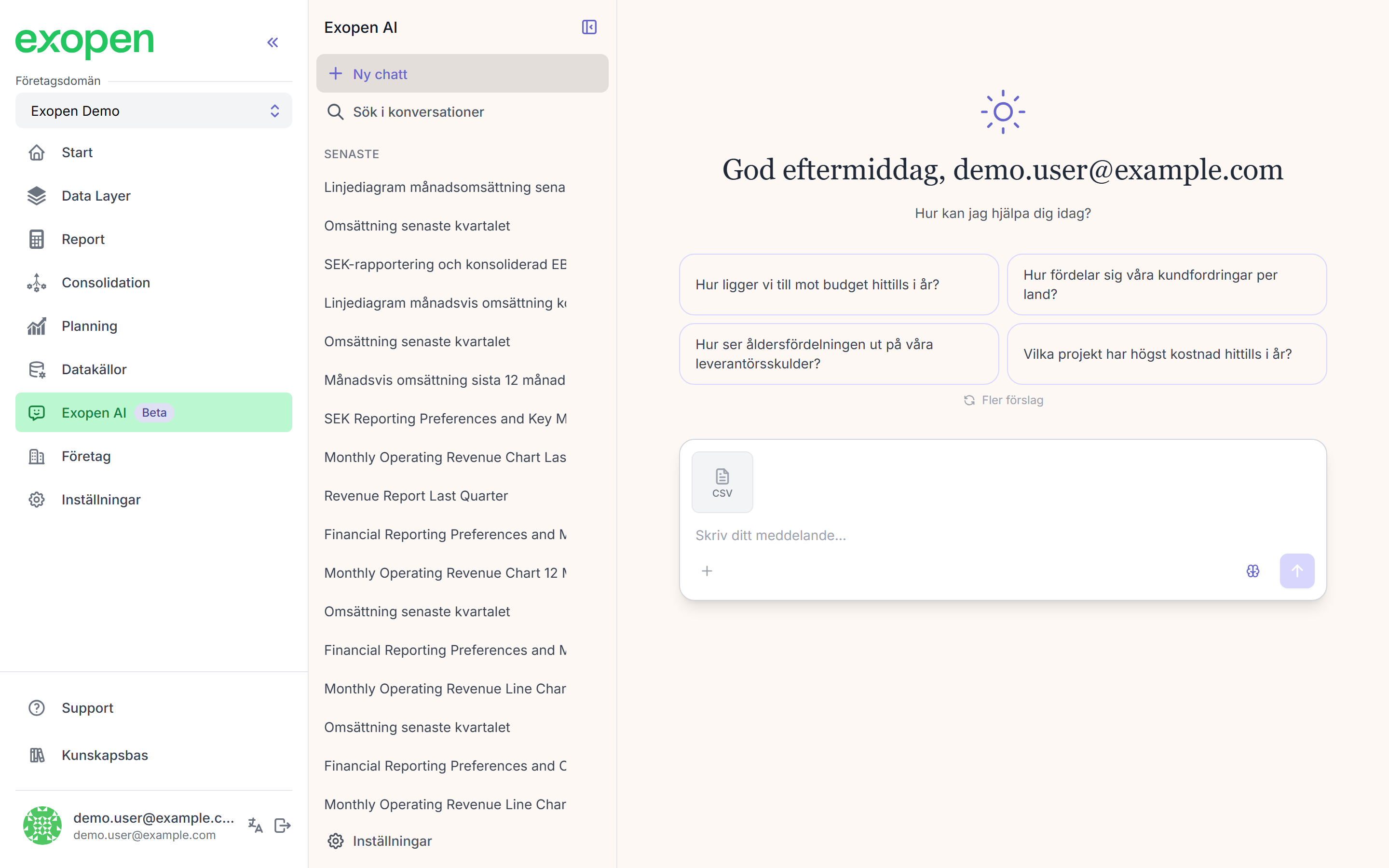 En CSV-fil bifogad i meddelandefältet — en bricka över input-rutan