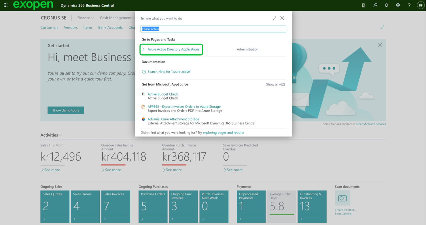Search AAD applications in Business Central
