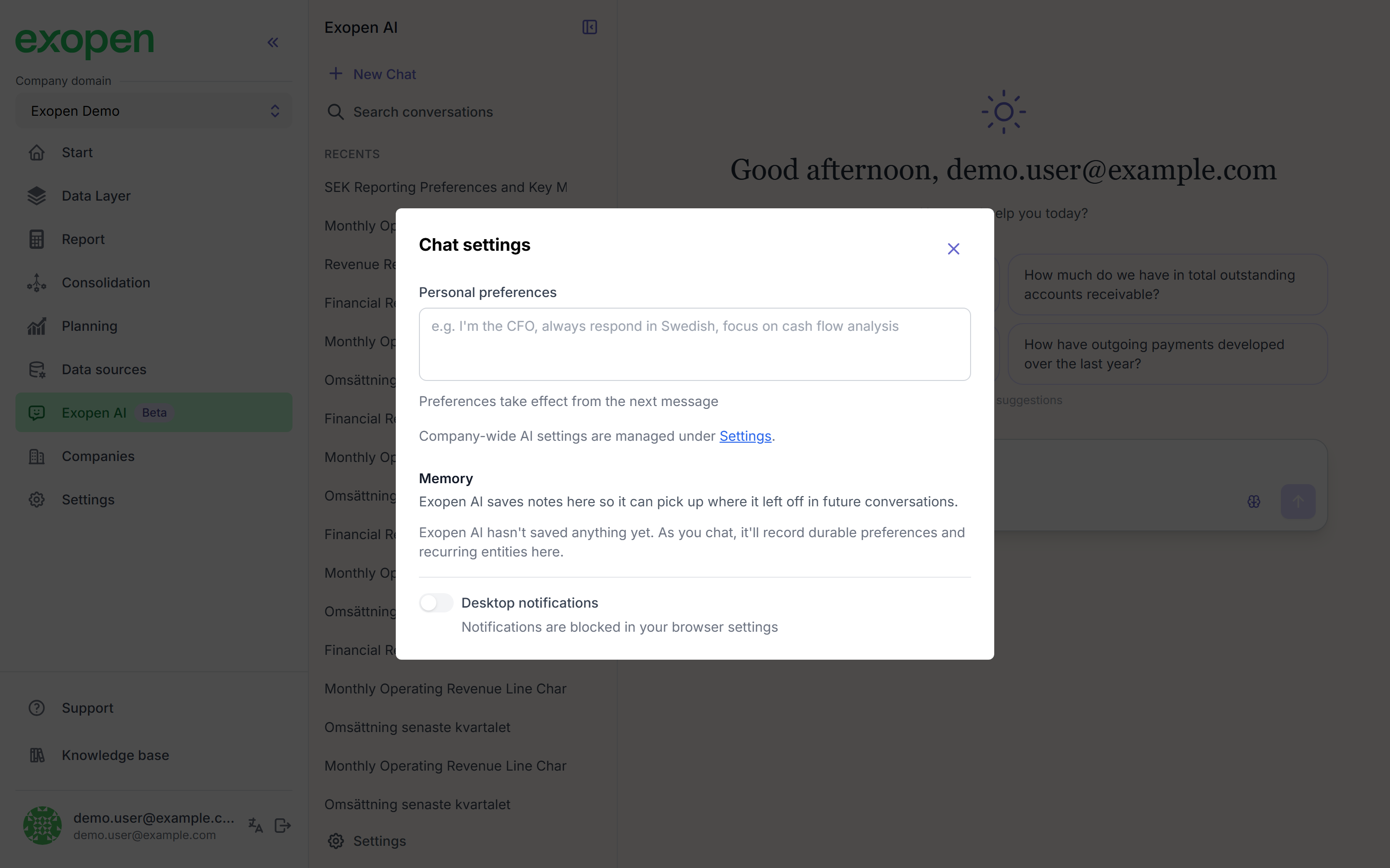 The settings dialog with the memory panel in the middle