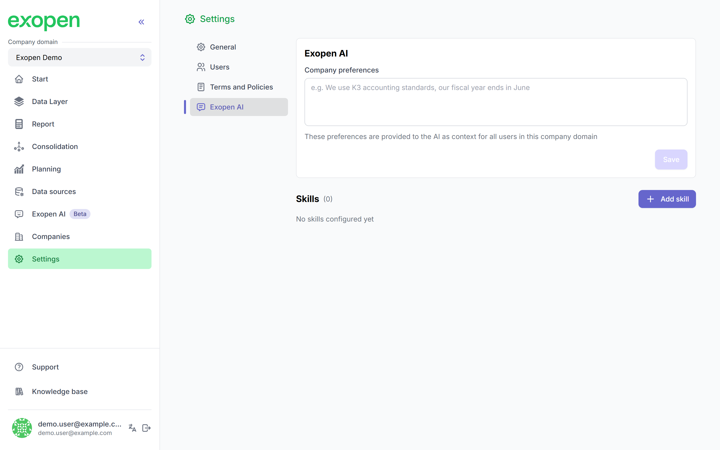 Company settings with the Exopen AI tab selected, showing company preferences and skills
