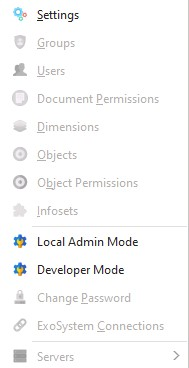 Local admin mode in menu