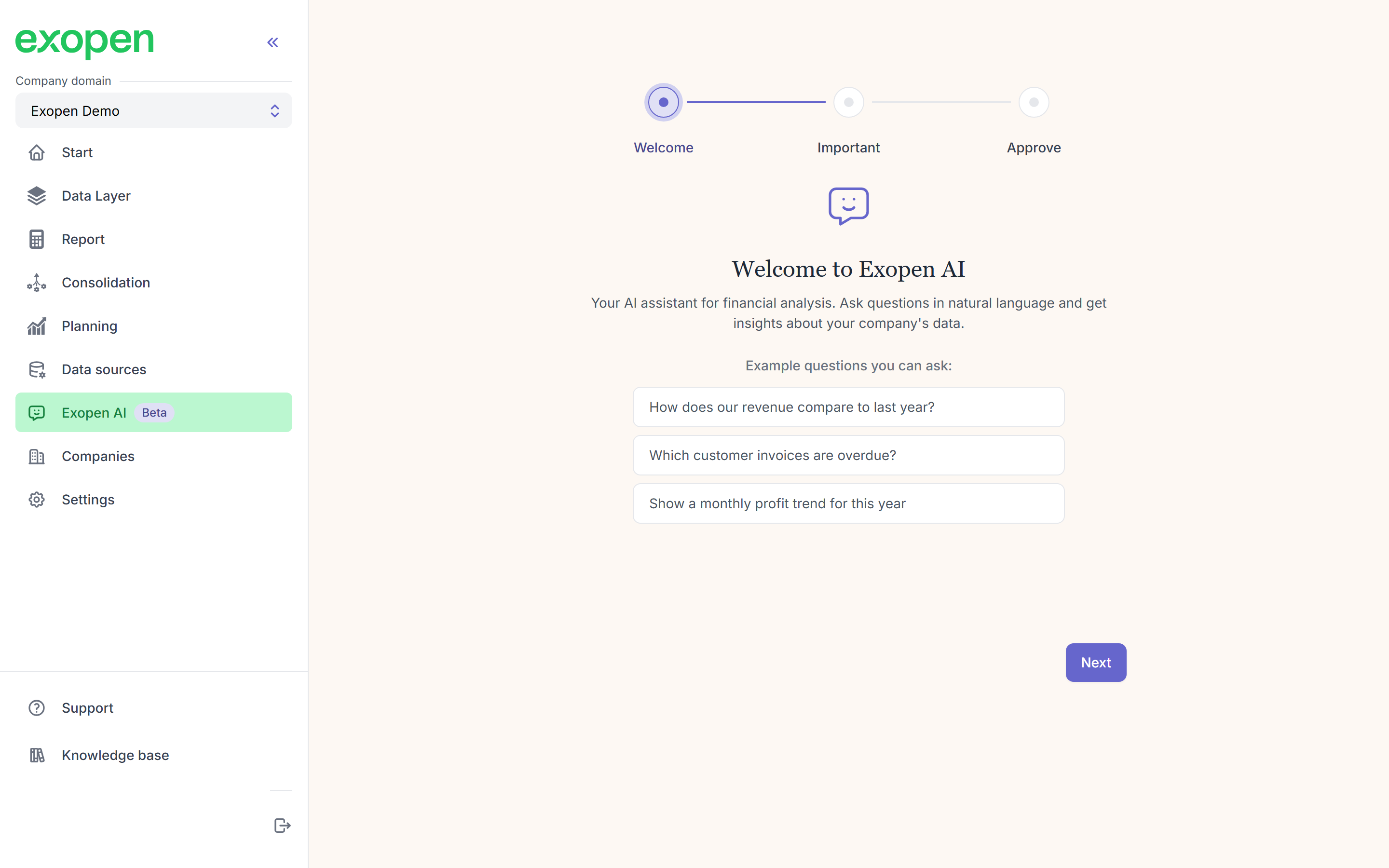 Onboarding step 1: welcome screen with example questions