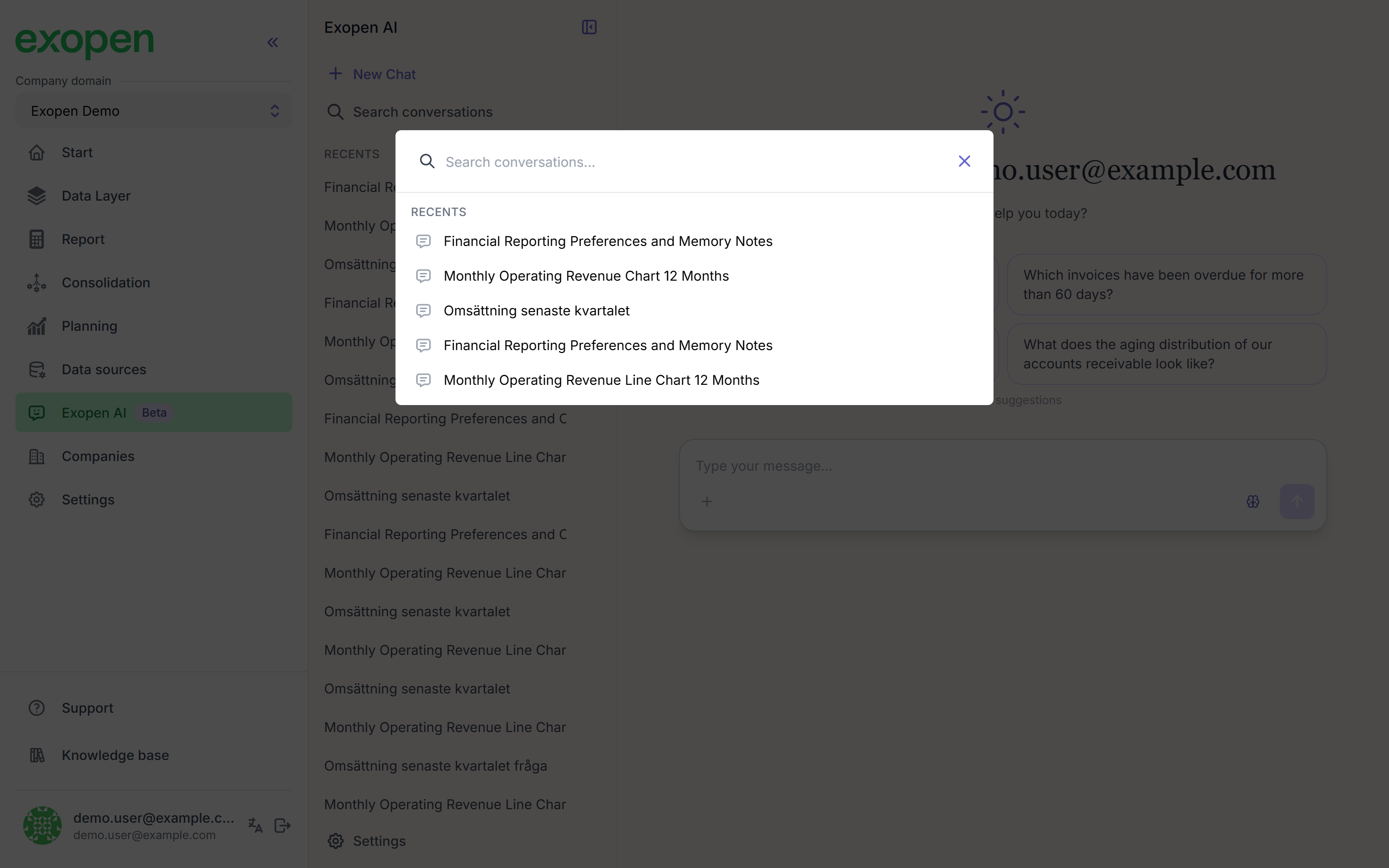 The search dialog shows matching conversations on top of the chat